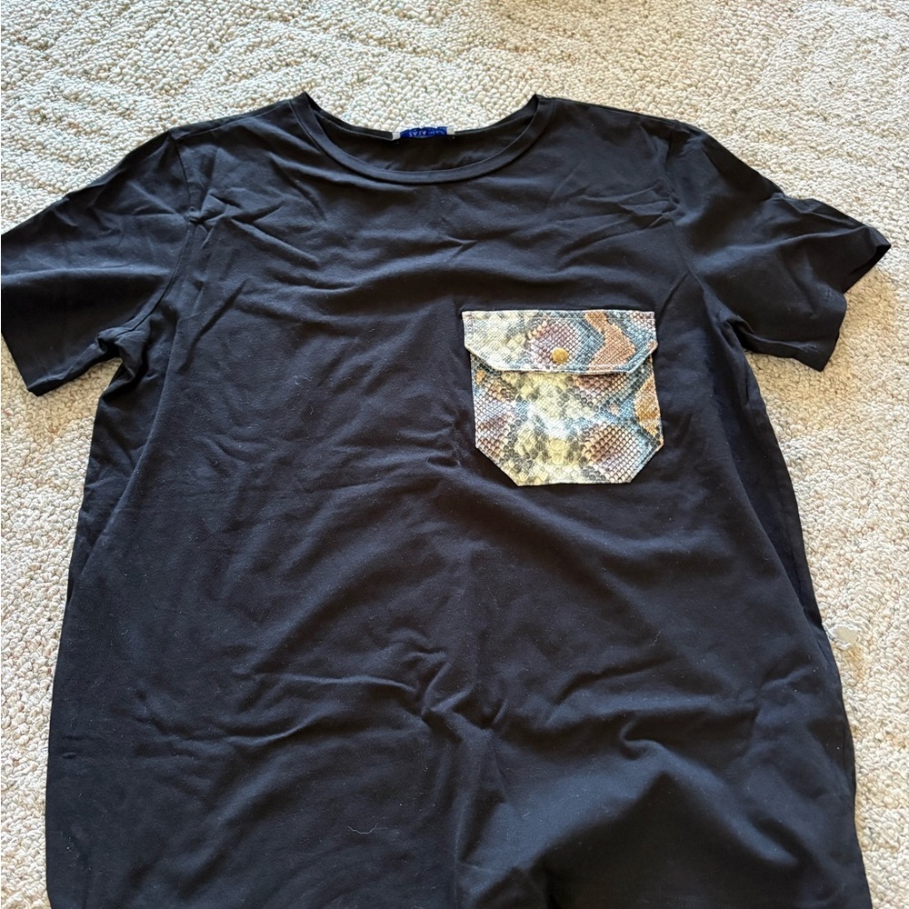 Zara Black Tee with Camouflage Accent Pocket